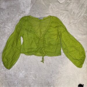 Lime Green V-Neck 100% Linen Ruched Blouse Size Medium